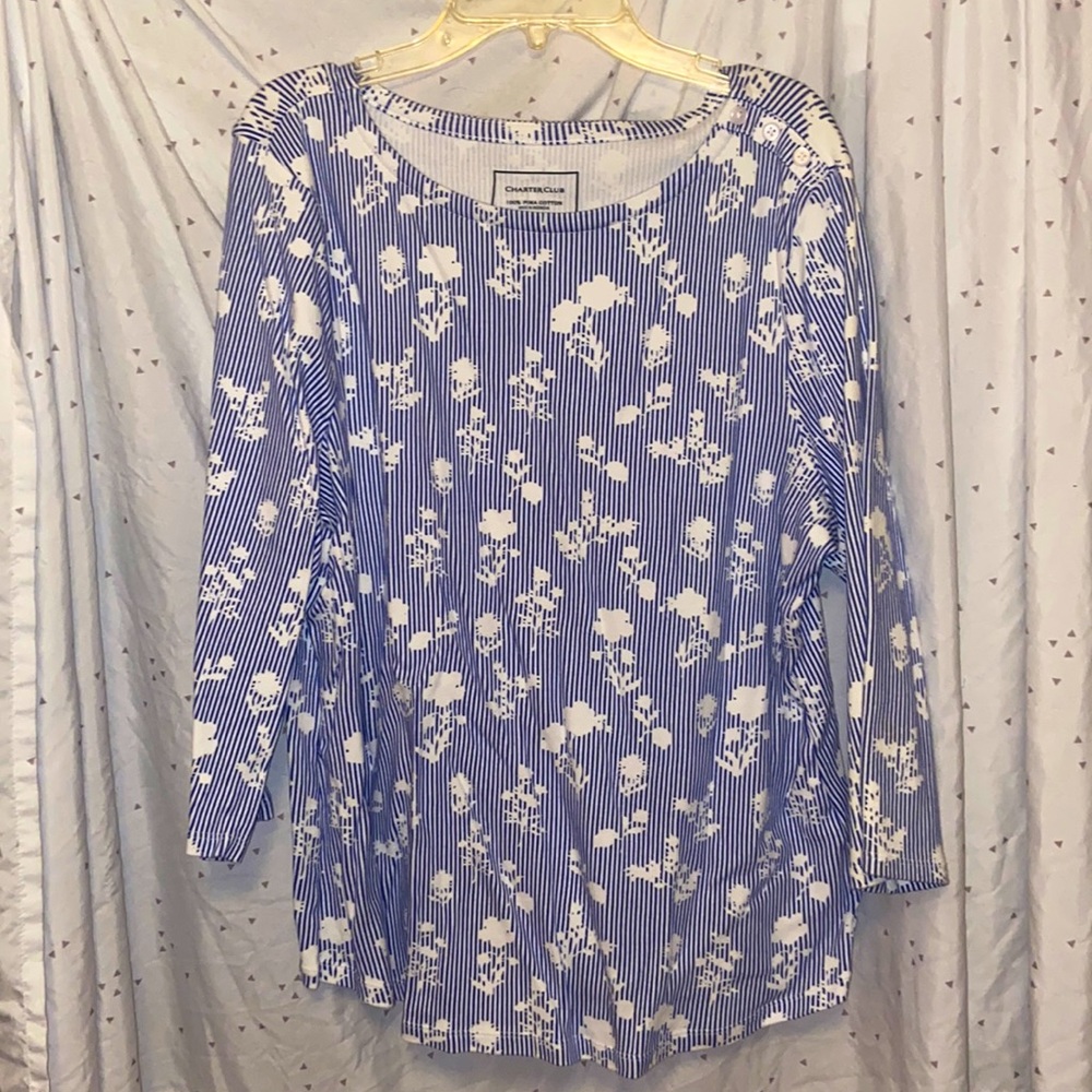 Charter Club 100% Pima Cotton Blue and White Floral Print Blouse in Size XL